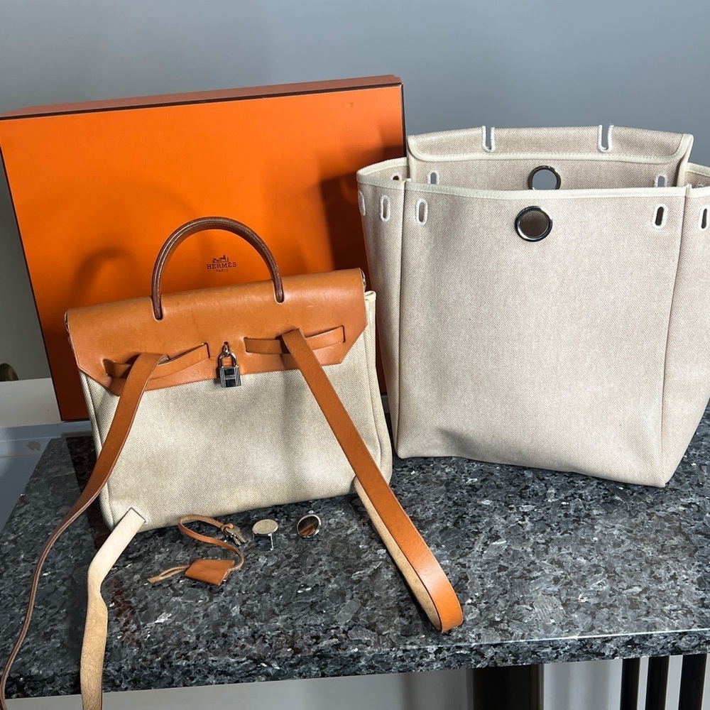 Hermès 39 Herbag Beige Toile Canvas Vache Hunter Leather Box, Dusters, Ribbons - Picture 2 of 16